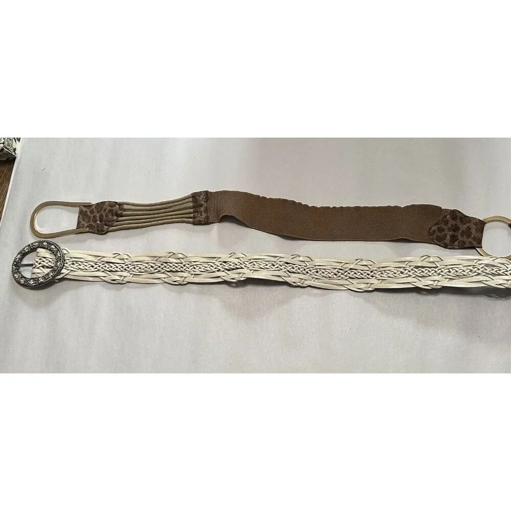 Womens Belts Set of 2 Leather Braided Nine West Beaded Buckle and Animal Print